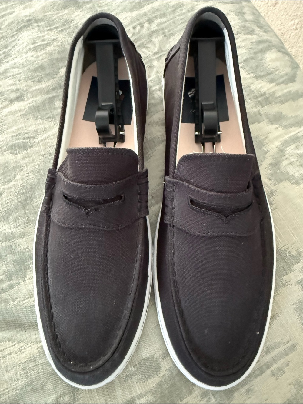 Cole Haan Black Canvas Slip-On Loafers with White Sole